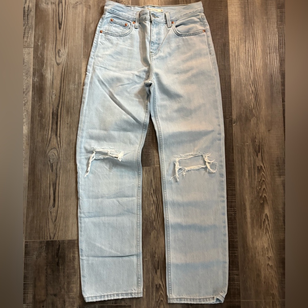 Levis Light Blue Distressed Low Pro Straight Jeans